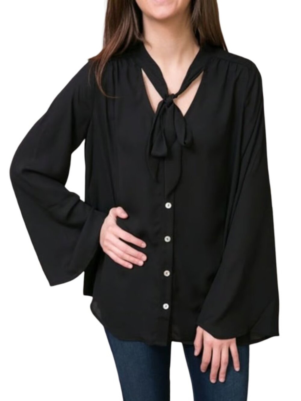 Show Me Your Mumu Flowy Black Pussybow Blouse, Size S